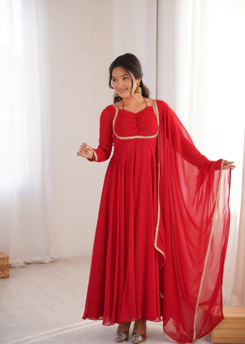 red georgette gown with lace dupatta